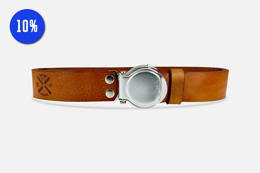 GÜRTEL RUNDSCHNALLE COGNAC/ROH SILBER