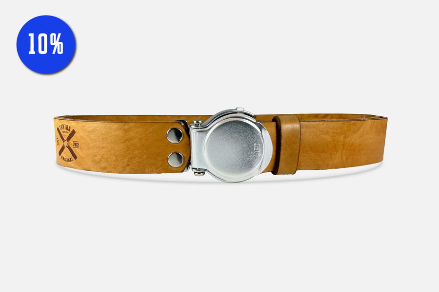 GÜRTEL RUNDSCHNALLE COGNAC LIGHT/ROH SILBER